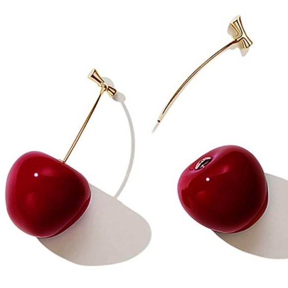 Red Cherry Dangle Drop Gold Cute Earrings - Picture 4 of 5